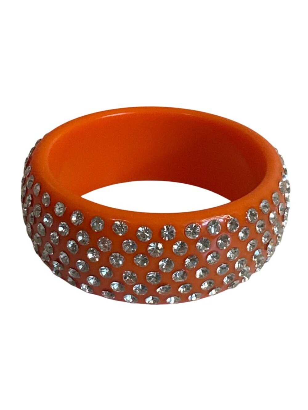 Orange Rhinestone-Studded Bangle Bracelet Wide Lightweight Acrylic Sparkly Retro